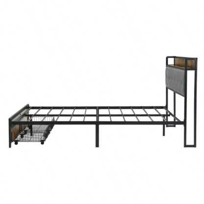 Bed Frame with Storage, Bed Frame with LED Lights Upholstered Headboard and 2 Drawers, USB Charging Station, No Box Spring Needed, Easy Assembly,