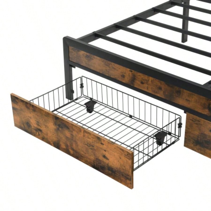 King Bed Frame with Storage, Bed Frame with LED Lights Upholstered Headboard and 2 Drawers, USB Charging Station, No Box Spring Needed, Easy Assembly, KING