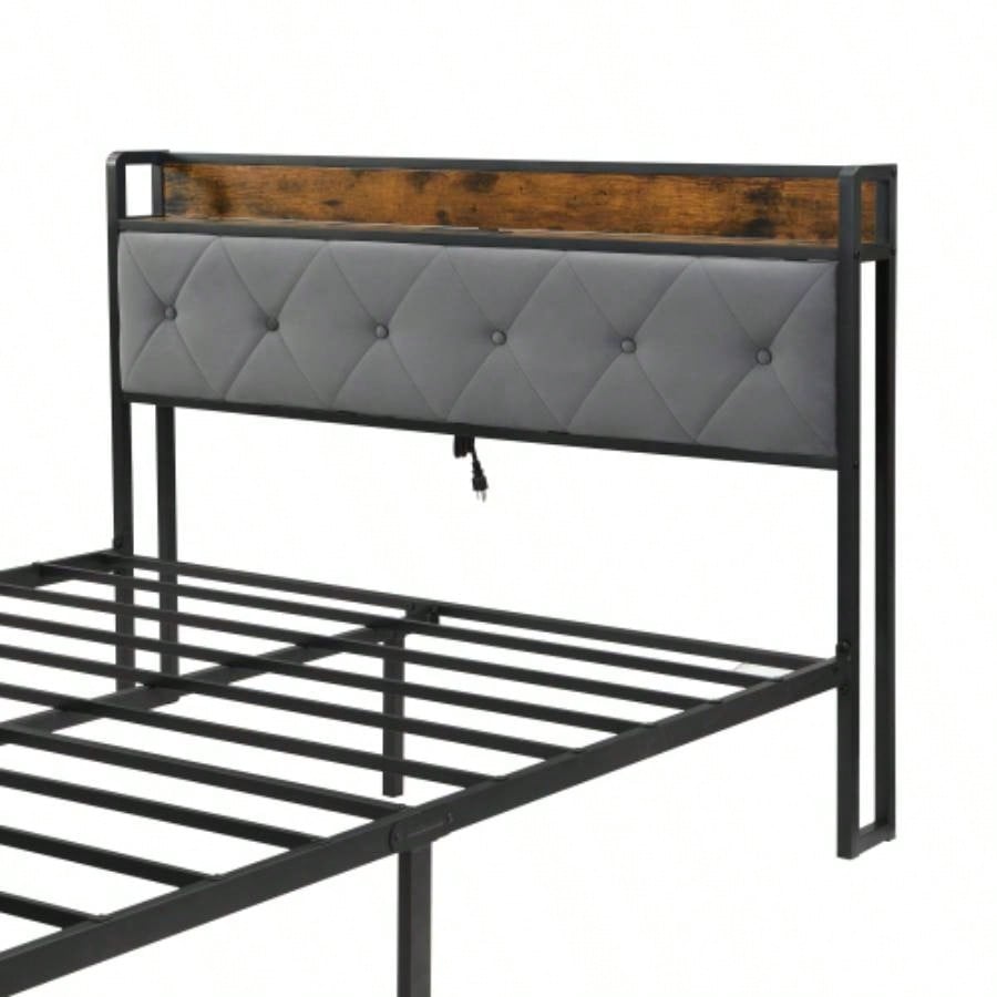 Bed Frame with Storage, Bed Frame with LED Lights Upholstered Headboard and 2 Drawers, USB Charging Station, No Box Spring Needed, Easy Assembly,
