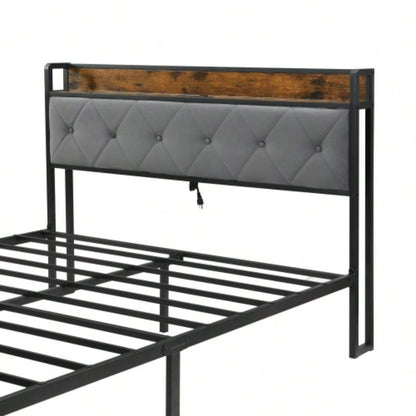 Bed Frame with Storage, Bed Frame with LED Lights Upholstered Headboard and 2 Drawers, USB Charging Station, No Box Spring Needed, Easy Assembly,