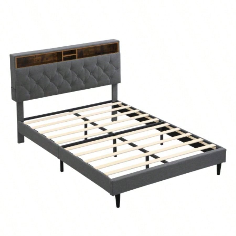 - Size Upholstered Platform Bed Frame with a Modern Button - Tufted Linen Fabric Headboard, USB Ports, Convenient Charging Station, two side - mounted pockets, not require a box spring, Dark
