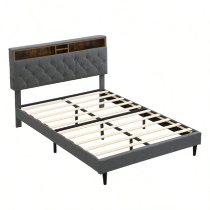 - Size Upholstered Platform Bed Frame with a Modern Button - Tufted Linen Fabric Headboard, USB Ports, Convenient Charging Station, two side - mounted pockets, not require a box spring, Dark