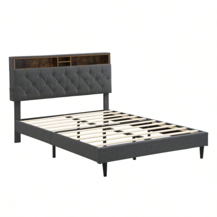 - Size Upholstered Platform Bed Frame with a Modern Button - Tufted Linen Fabric Headboard, USB Ports, Convenient Charging Station, two side - mounted pockets, not require a box spring, Dark