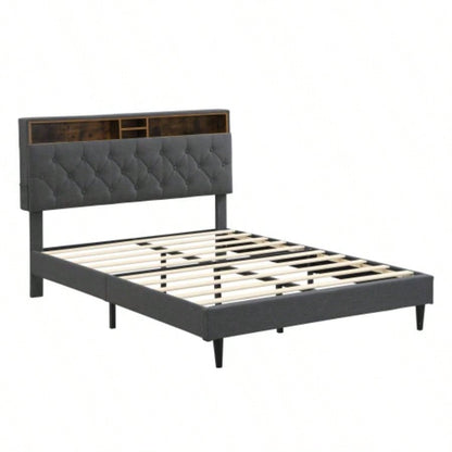 - Size Upholstered Platform Bed Frame with a Modern Button - Tufted Linen Fabric Headboard, USB Ports, Convenient Charging Station, two side - mounted pockets, not require a box spring, Dark
