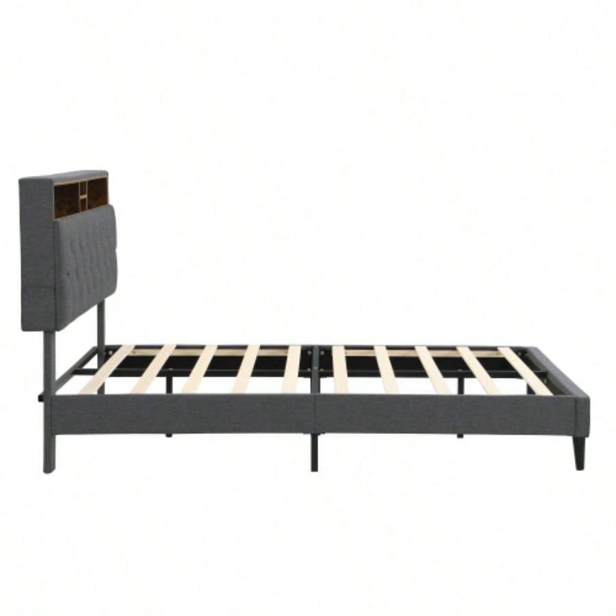 - Size Upholstered Platform Bed Frame with a Modern Button - Tufted Linen Fabric Headboard, USB Ports, Convenient Charging Station, two side - mounted pockets, not require a box spring, Dark