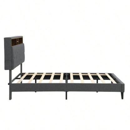 - Size Upholstered Platform Bed Frame with a Modern Button - Tufted Linen Fabric Headboard, USB Ports, Convenient Charging Station, two side - mounted pockets, not require a box spring, Dark