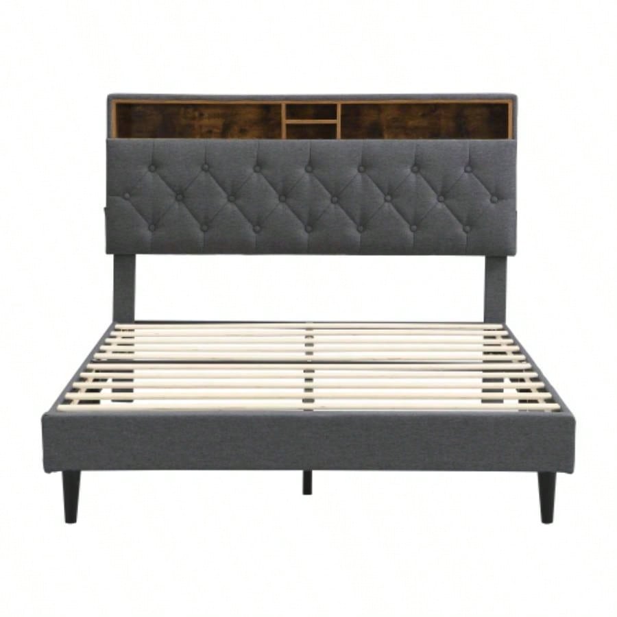 - Size Upholstered Platform Bed Frame with a Modern Button - Tufted Linen Fabric Headboard, USB Ports, Convenient Charging Station, two side - mounted pockets, not require a box spring, Dark