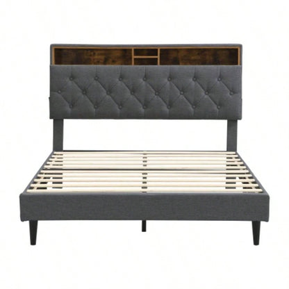 - Size Upholstered Platform Bed Frame with a Modern Button - Tufted Linen Fabric Headboard, USB Ports, Convenient Charging Station, two side - mounted pockets, not require a box spring, Dark