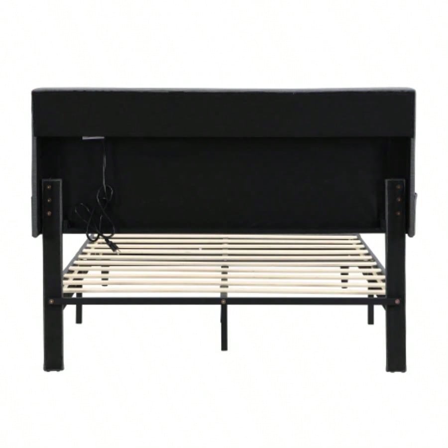 - Size Upholstered Platform Bed Frame with a Modern Button - Tufted Linen Fabric Headboard, USB Ports, Convenient Charging Station, two side - mounted pockets, not require a box spring, Dark