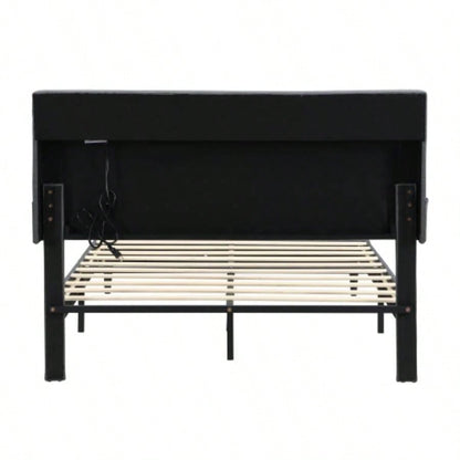 - Size Upholstered Platform Bed Frame with a Modern Button - Tufted Linen Fabric Headboard, USB Ports, Convenient Charging Station, two side - mounted pockets, not require a box spring, Dark