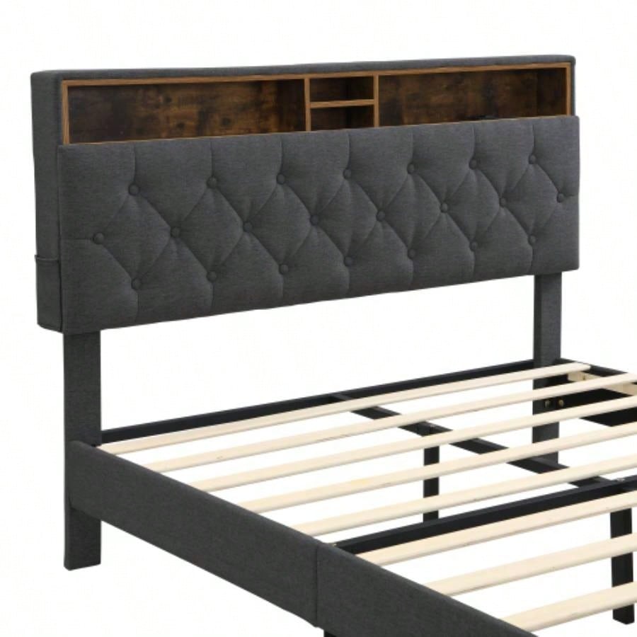 - Size Upholstered Platform Bed Frame with a Modern Button - Tufted Linen Fabric Headboard, USB Ports, Convenient Charging Station, two side - mounted pockets, not require a box spring, Dark