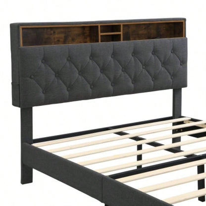 - Size Upholstered Platform Bed Frame with a Modern Button - Tufted Linen Fabric Headboard, USB Ports, Convenient Charging Station, two side - mounted pockets, not require a box spring, Dark