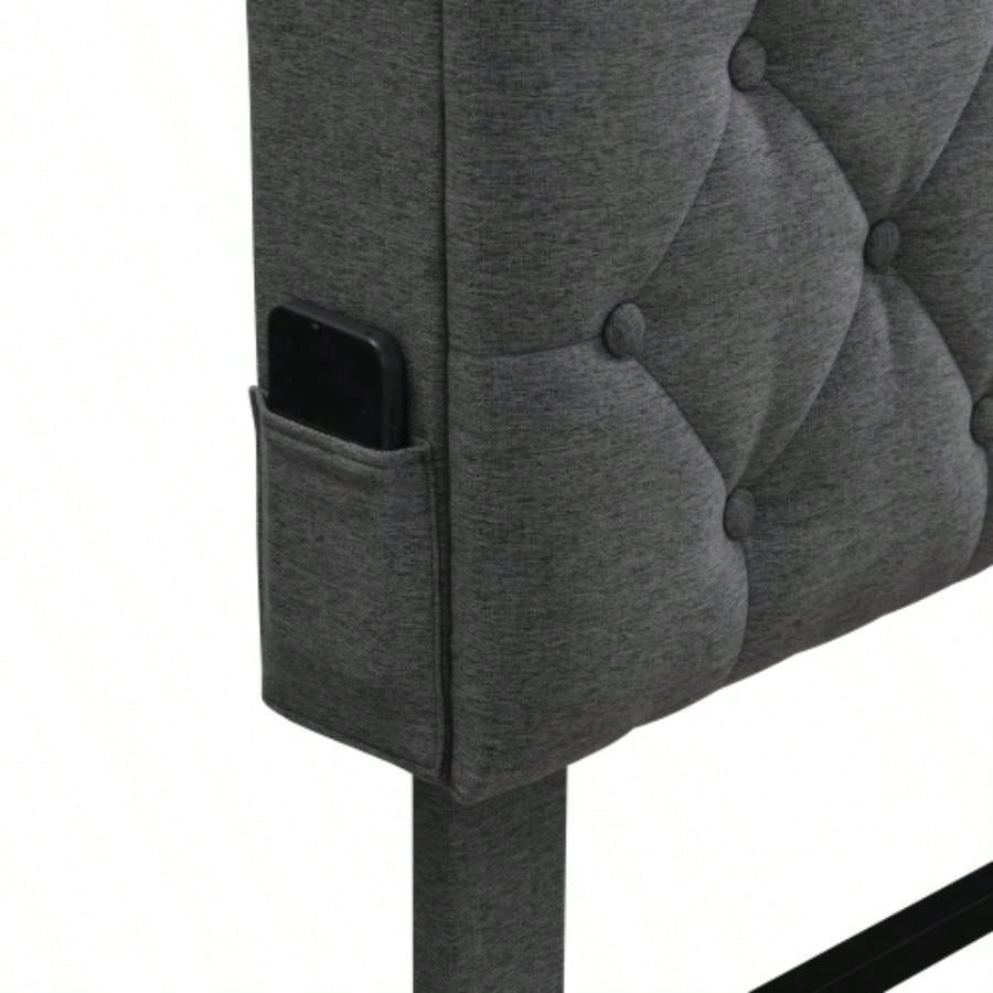 - Size Upholstered Platform Bed Frame with a Modern Button - Tufted Linen Fabric Headboard, USB Ports, Convenient Charging Station, two side - mounted pockets, not require a box spring, Dark