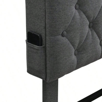 - Size Upholstered Platform Bed Frame with a Modern Button - Tufted Linen Fabric Headboard, USB Ports, Convenient Charging Station, two side - mounted pockets, not require a box spring, Dark