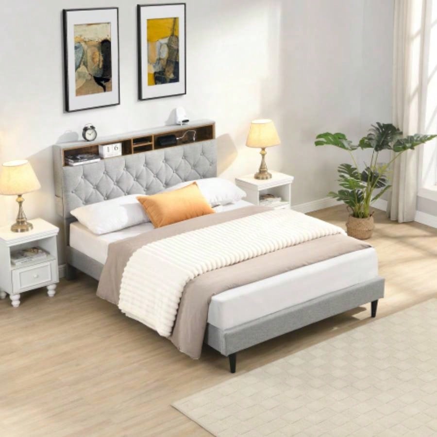 - Size Upholstered Platform Bed Frame with a Modern Button - Tufted Linen Fabric Headboard, USB Ports, Convenient Charging Station, two side - mounted pockets, not require a box spring, Dark