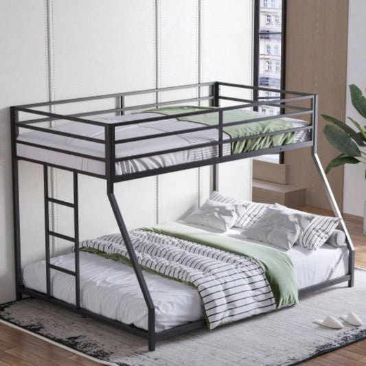 Metal Bunk Bed Twin Over Full Size with Removable Stairs, Heavy Duty Sturdy Frame Teen Adults, Teens, No Box Spring Needed, Black
