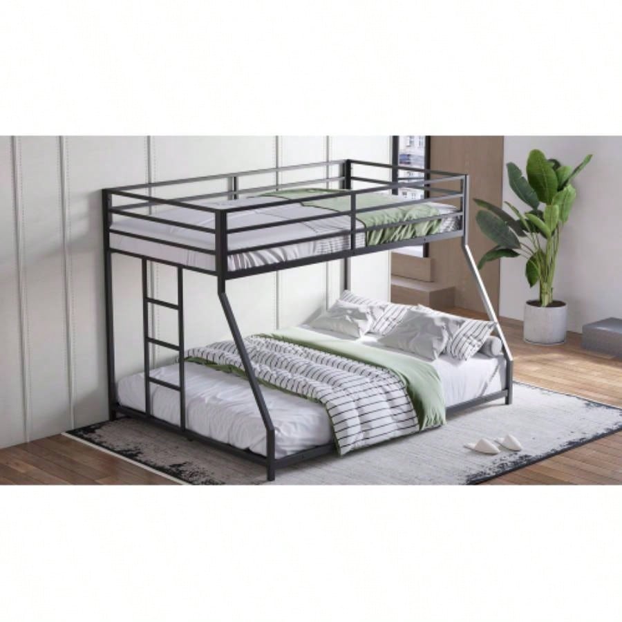 Metal Bunk Bed Twin Over Full Size with Removable Stairs, Heavy Duty Sturdy Frame Teen Adults, Teens, No Box Spring Needed, Black