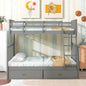 Twin Over Full Bunk Bed with Storage Drawers, Wooden Bunk Bed with Ladder and Safety Guard Rails - Gray