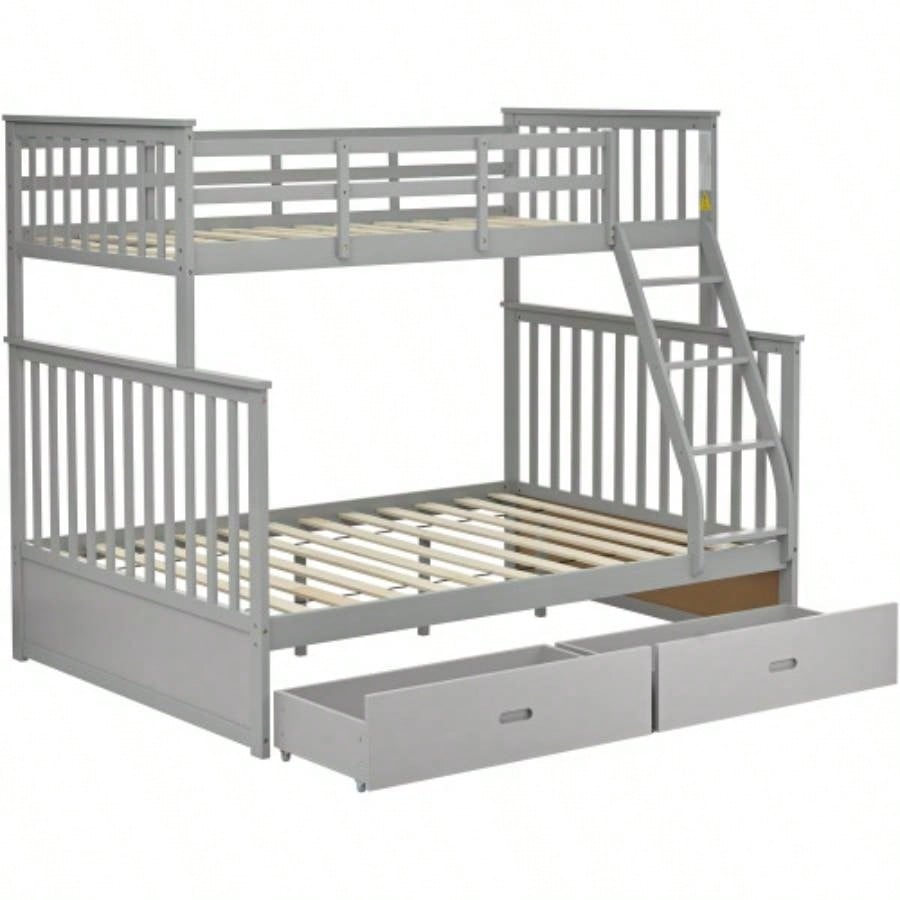 Twin Over Full Bunk Bed with Storage Drawers, Wooden Bunk Bed with Ladder and Safety Guard Rails - Gray