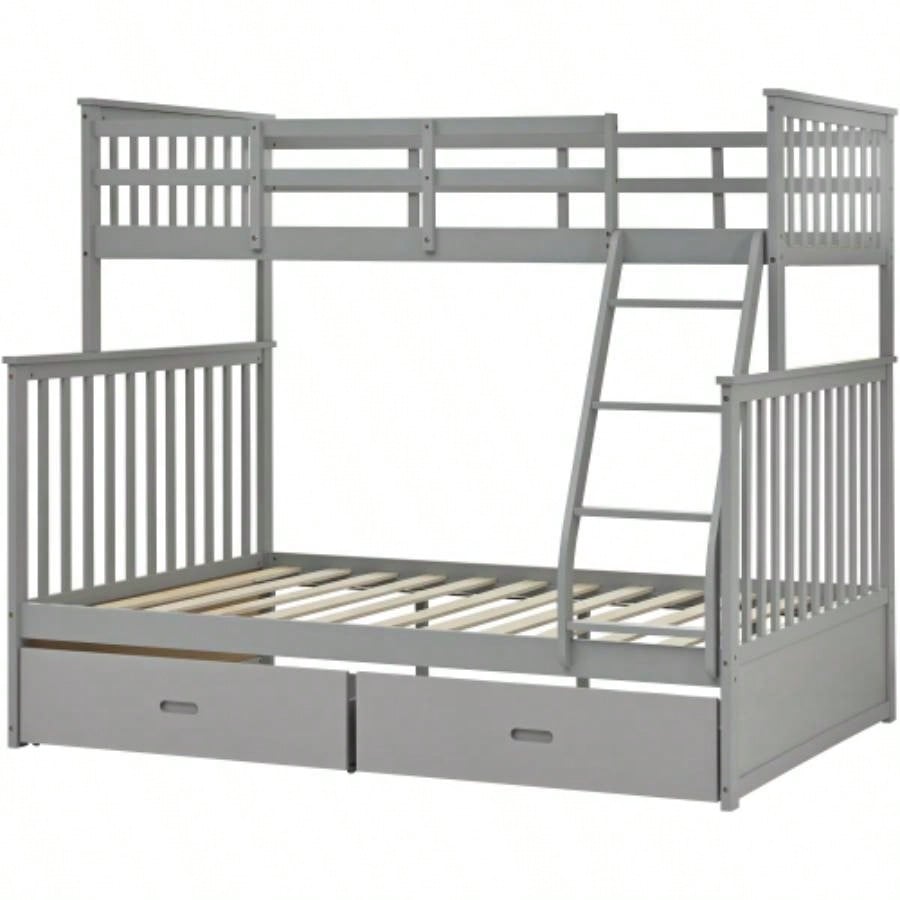 Twin Over Full Bunk Bed with Storage Drawers, Wooden Bunk Bed with Ladder and Safety Guard Rails - Gray