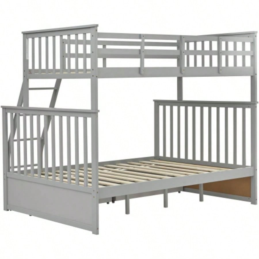 Twin Over Full Bunk Bed with Storage Drawers, Wooden Bunk Bed with Ladder and Safety Guard Rails - Gray
