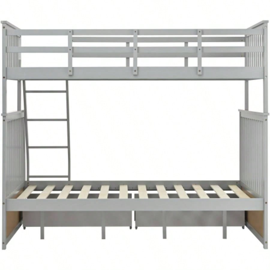Twin Over Full Bunk Bed with Storage Drawers, Wooden Bunk Bed with Ladder and Safety Guard Rails - Gray