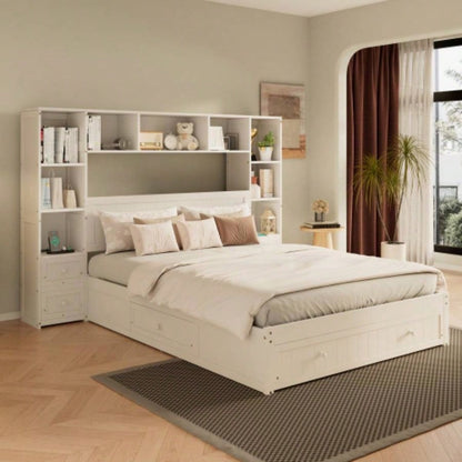 Size Pine Wood Platform Bed with All - In - One 2 Nightstand, Storage Shelf and Cabinet Bookcase with 2 Charging Stations, Multi - Functional Captain Bed Frame with 3 Drawers, No Box Spring Needed
