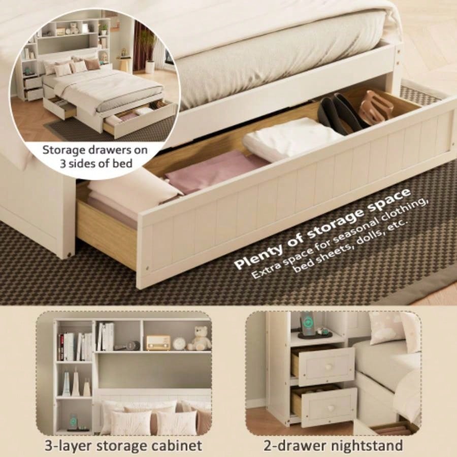 Size Pine Wood Platform Bed with All - In - One 2 Nightstand, Storage Shelf and Cabinet Bookcase with 2 Charging Stations, Multi - Functional Captain Bed Frame with 3 Drawers, No Box Spring Needed