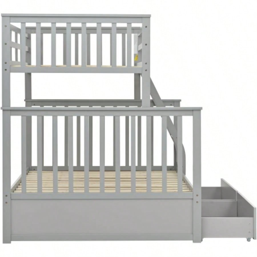 Twin Over Full Bunk Bed with Storage Drawers, Wooden Bunk Bed with Ladder and Safety Guard Rails - Gray