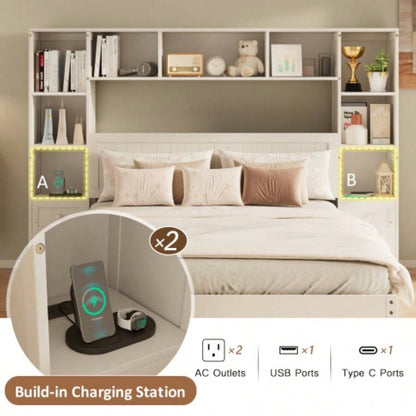 Size Pine Wood Platform Bed with All - In - One 2 Nightstand, Storage Shelf and Cabinet Bookcase with 2 Charging Stations, Multi - Functional Captain Bed Frame with 3 Drawers, No Box Spring Needed
