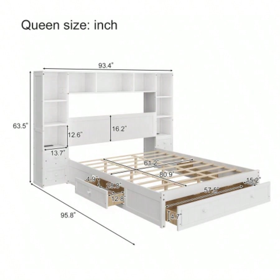 Size Pine Wood Platform Bed with All - In - One 2 Nightstand, Storage Shelf and Cabinet Bookcase with 2 Charging Stations, Multi - Functional Captain Bed Frame with 3 Drawers, No Box Spring Needed