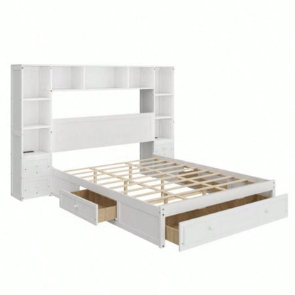 Size Pine Wood Platform Bed with All - In - One 2 Nightstand, Storage Shelf and Cabinet Bookcase with 2 Charging Stations, Multi - Functional Captain Bed Frame with 3 Drawers, No Box Spring Needed