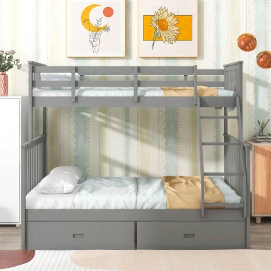 Twin Over Full Bunk Bed with Storage Drawers, Wooden Bunk Bed with Ladder and Safety Guard Rails - Gray