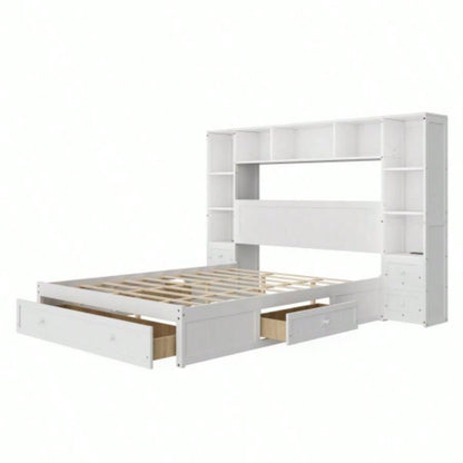 Size Pine Wood Platform Bed with All - In - One 2 Nightstand, Storage Shelf and Cabinet Bookcase with 2 Charging Stations, Multi - Functional Captain Bed Frame with 3 Drawers, No Box Spring Needed