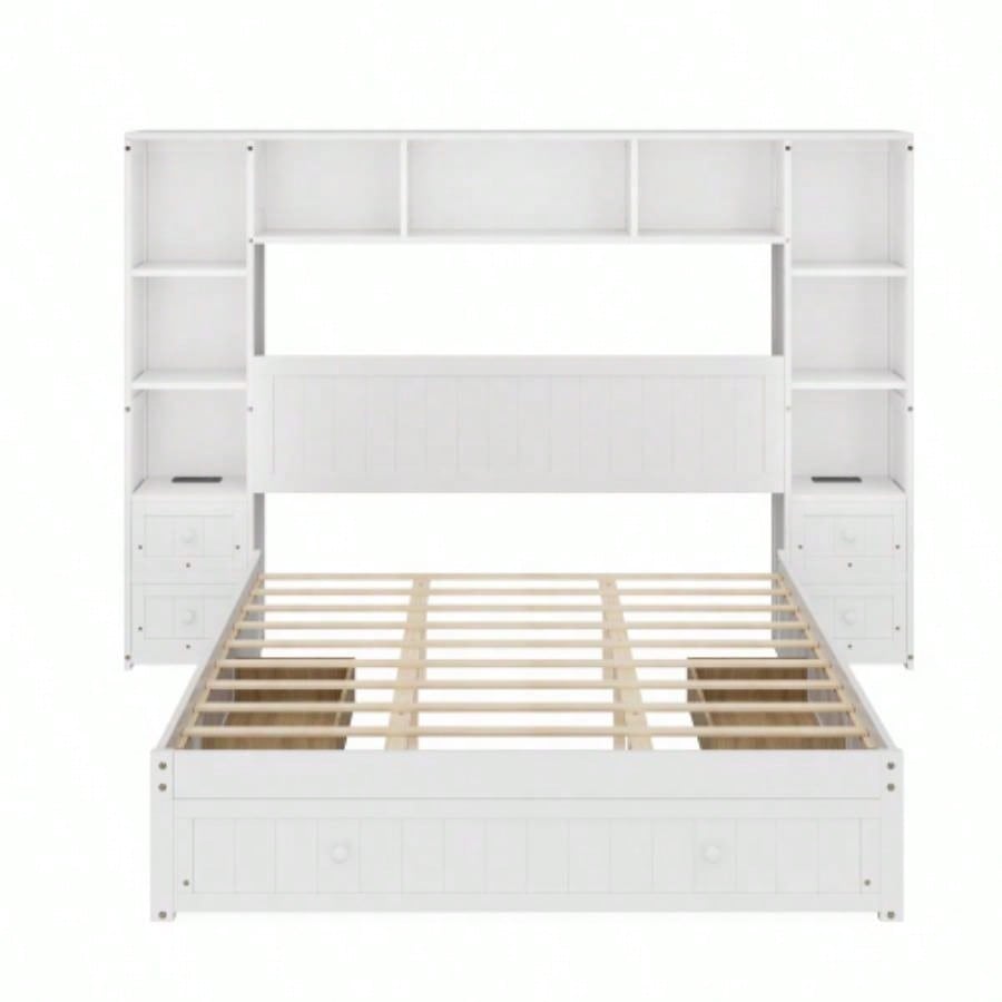 Size Pine Wood Platform Bed with All - In - One 2 Nightstand, Storage Shelf and Cabinet Bookcase with 2 Charging Stations, Multi - Functional Captain Bed Frame with 3 Drawers, No Box Spring Needed