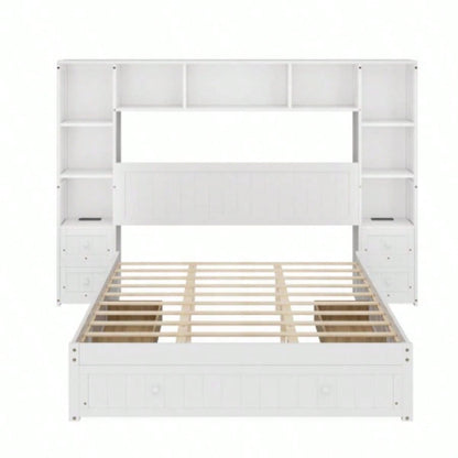 Size Pine Wood Platform Bed with All - In - One 2 Nightstand, Storage Shelf and Cabinet Bookcase with 2 Charging Stations, Multi - Functional Captain Bed Frame with 3 Drawers, No Box Spring Needed