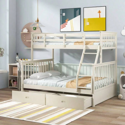 Twin Over Full Bunk Bed with Storage Drawers, Wooden Bunk Bed with Ladder and Safety Guard Rails - Gray