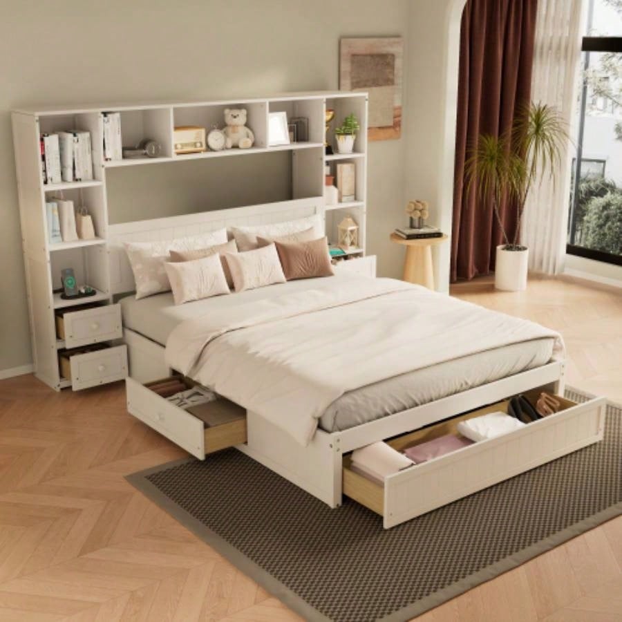 Size Pine Wood Platform Bed with All - In - One 2 Nightstand, Storage Shelf and Cabinet Bookcase with 2 Charging Stations, Multi - Functional Captain Bed Frame with 3 Drawers, No Box Spring Needed