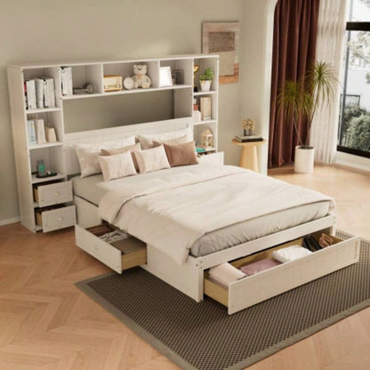 Size Pine Wood Platform Bed with All - In - One 2 Nightstand, Storage Shelf and Cabinet Bookcase with 2 Charging Stations, Multi - Functional Captain Bed Frame with 3 Drawers, No Box Spring Needed