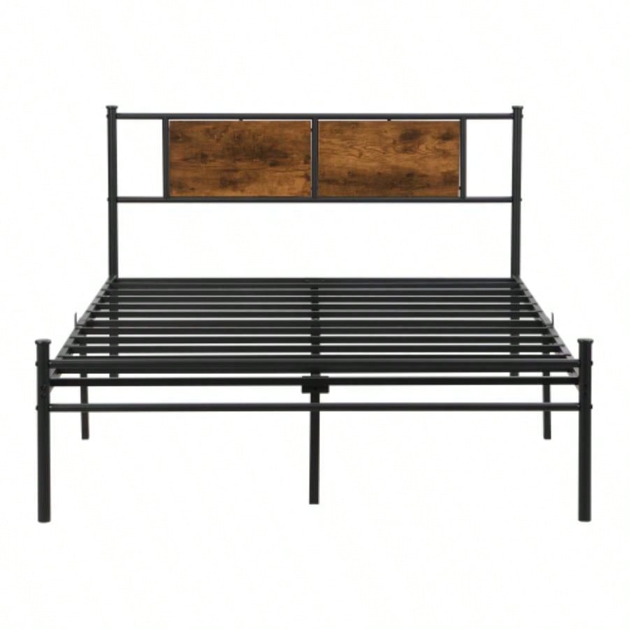 King Size metal bedframe, Headboard with wood panel decoration, black