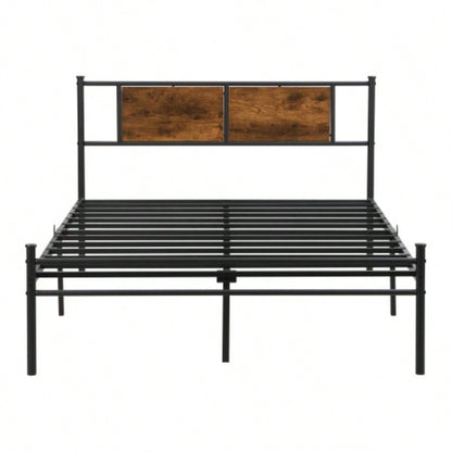 King Size metal bedframe, Headboard with wood panel decoration, black