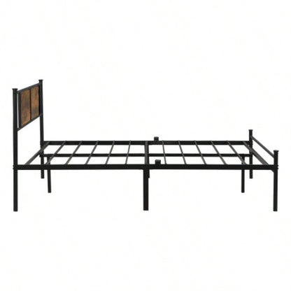 King Size metal bedframe, Headboard with wood panel decoration, black