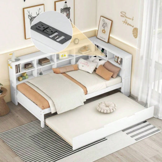 Wooden Twin Size DayBed with Twin Trundle, DayBed with Storage Shelf and USB Charging Ports, White