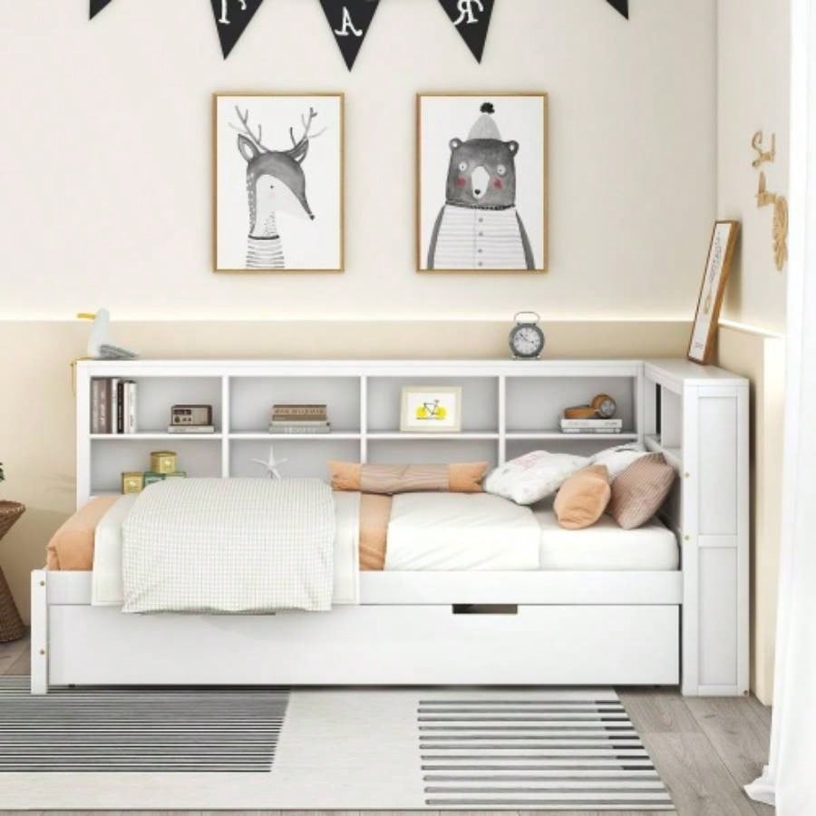 Wooden Twin Size DayBed with Twin Trundle, DayBed with Storage Shelf and USB Charging Ports, White