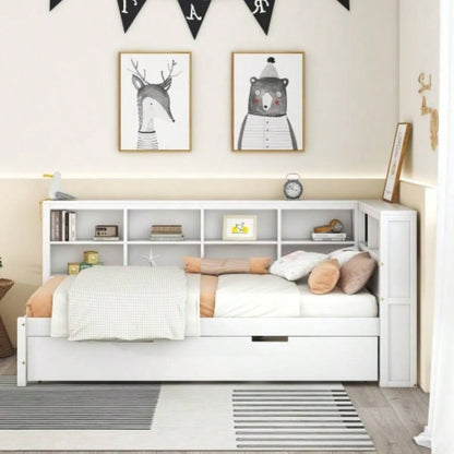 Wooden Twin Size DayBed with Twin Trundle, DayBed with Storage Shelf and USB Charging Ports, White