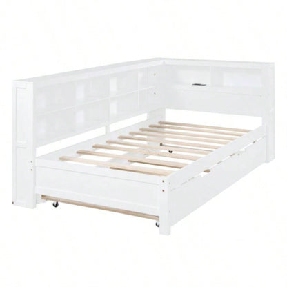 Wooden Twin Size DayBed with Twin Trundle, DayBed with Storage Shelf and USB Charging Ports, White