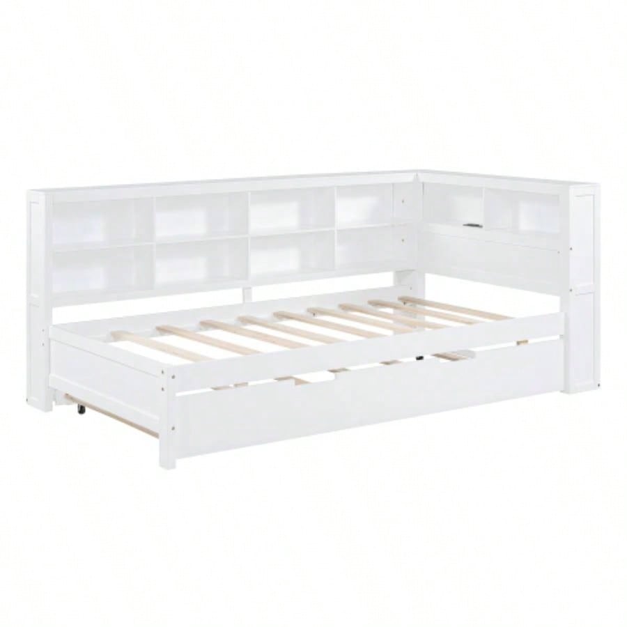Wooden Twin Size DayBed with Twin Trundle, DayBed with Storage Shelf and USB Charging Ports, White