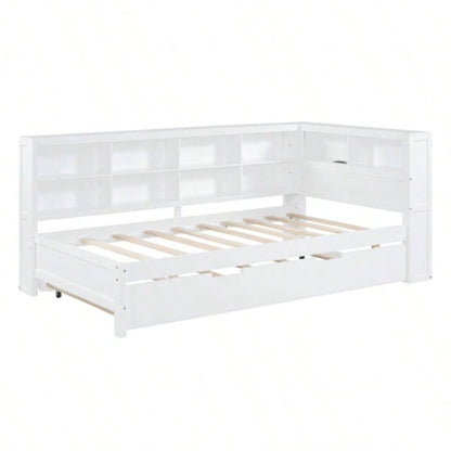 Wooden Twin Size DayBed with Twin Trundle, DayBed with Storage Shelf and USB Charging Ports, White