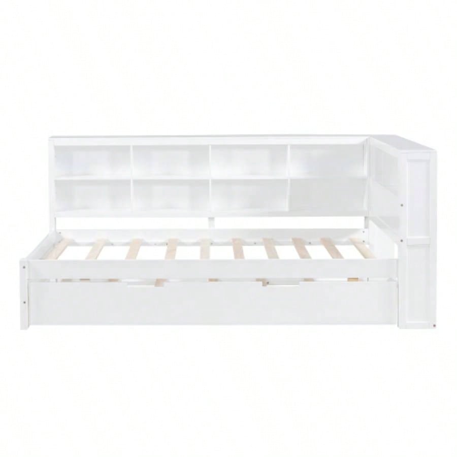 Wooden Twin Size DayBed with Twin Trundle, DayBed with Storage Shelf and USB Charging Ports, White