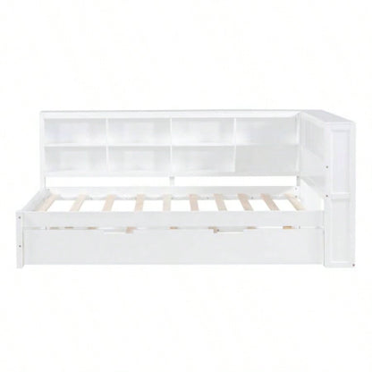 Wooden Twin Size DayBed with Twin Trundle, DayBed with Storage Shelf and USB Charging Ports, White